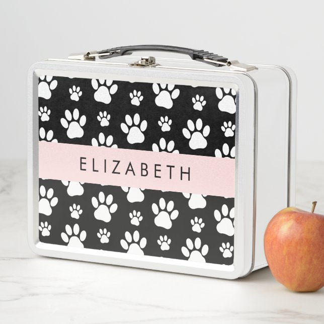 Paw Pattern, Dog Paws, Black and White, Your Name Metal Lunch Box (In Situ)