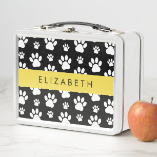 Paw Pattern, Dog Paws, Black and White, Your Name Metal Lunch Box