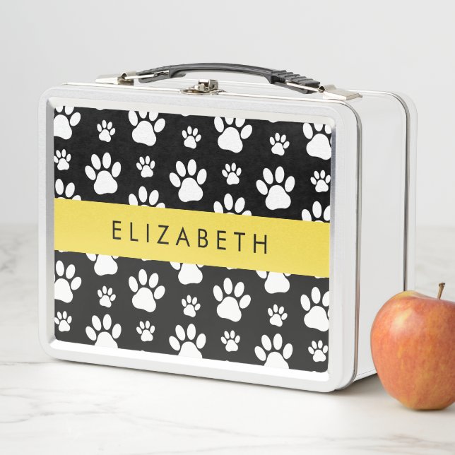 Paw Pattern, Dog Paws, Black and White, Your Name Metal Lunch Box (In Situ)