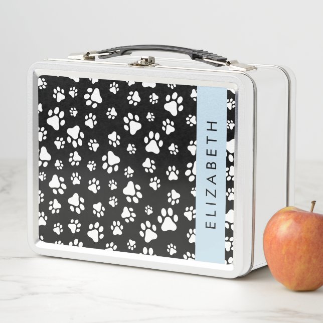 Paw Pattern, Dog Paws, Black and White, Your Name Metal Lunch Box (In Situ)