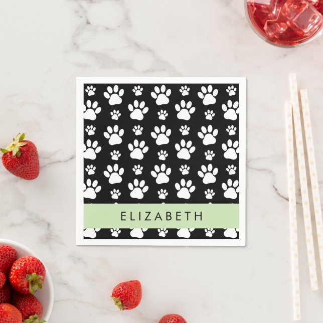 Paw Pattern, Dog Paws, Black and White, Your Name Napkin (Insitu)