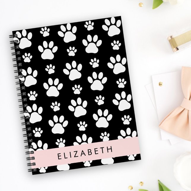 Paw Pattern, Dog Paws, Black and White, Your Name Notebook (Creator Uploaded)