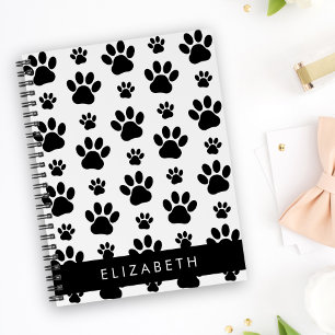Paw Pattern, Dog Paws, Black and White, Your Name Notebook