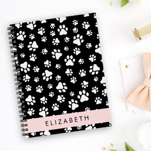 Paw Pattern, Dog Paws, Black and White, Your Name Notebook