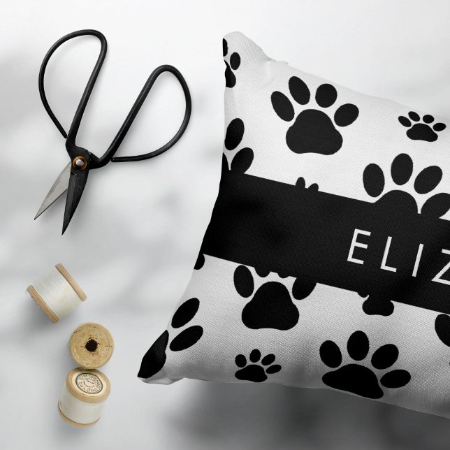 Paw Pattern, Dog Paws, Black and White, Your Name Pillowcase (Creator Uploaded)