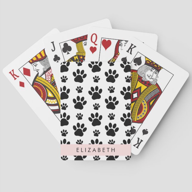 Paw Pattern, Dog Paws, Black and White, Your Name Playing Cards (Back)