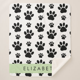 Paw Pattern, Dog Paws, Black and White, Your Name Sherpa Blanket