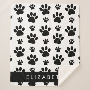 Paw Pattern, Dog Paws, Black and White, Your Name Sherpa Blanket