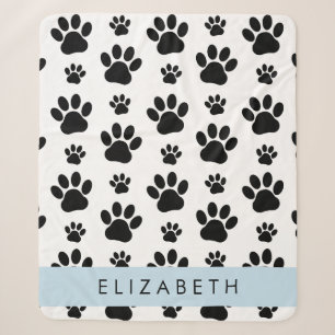 Paw Pattern, Dog Paws, Black and White, Your Name Sherpa Blanket