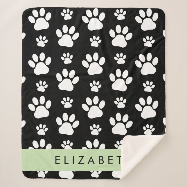 Paw Pattern, Dog Paws, Black and White, Your Name Sherpa Blanket (Front)