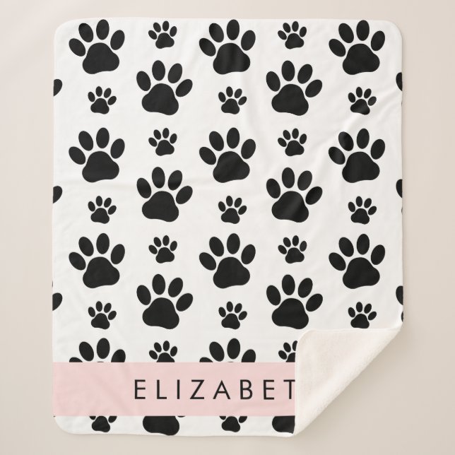 Paw Pattern, Dog Paws, Black and White, Your Name Sherpa Blanket (Front)