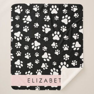 Paw Pattern, Dog Paws, Black and White, Your Name Sherpa Blanket