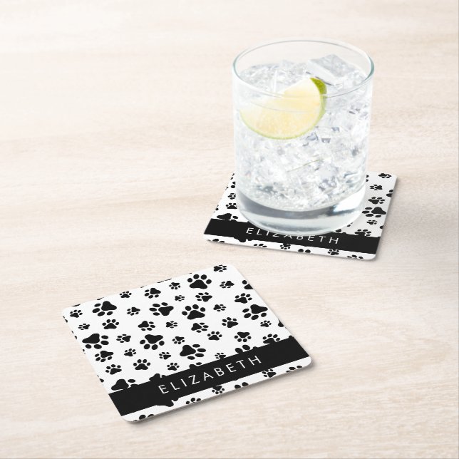 Paw Pattern, Dog Paws, Black and White, Your Name Square Paper Coaster (Insitu)