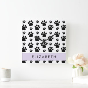 Paw Pattern, Dog Paws, Black and White, Your Name Square Wall Clock