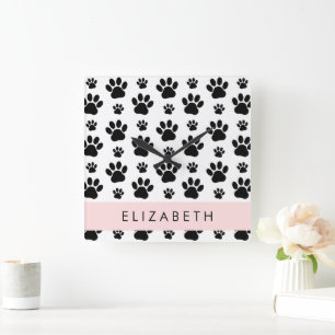 Paw Pattern, Dog Paws, Black and White, Your Name Square Wall Clock