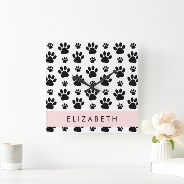 Paw Pattern, Dog Paws, Black and White, Your Name Square Wall Clock (Home)