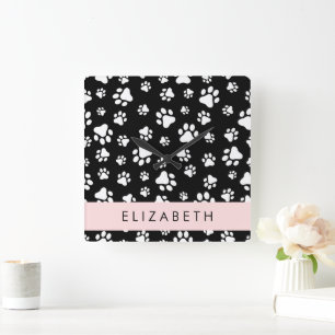 Paw Pattern, Dog Paws, Black and White, Your Name Square Wall Clock