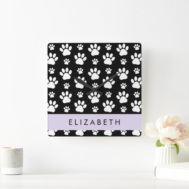 Paw Pattern, Dog Paws, Black and White, Your Name Square Wall Clock (Home)