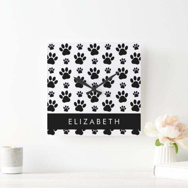 Paw Pattern, Dog Paws, Black and White, Your Name Square Wall Clock (Home)