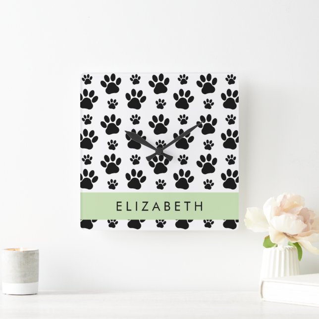 Paw Pattern, Dog Paws, Black and White, Your Name Square Wall Clock (Home)