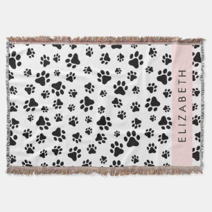 Paw Pattern, Dog Paws, Black and White, Your Name Throw Blanket
