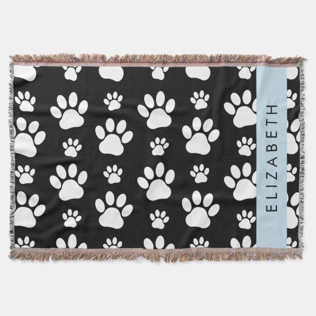 Paw Pattern, Dog Paws, Black and White, Your Name Throw Blanket (Front)