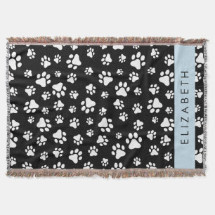 Paw Pattern, Dog Paws, Black and White, Your Name Throw Blanket