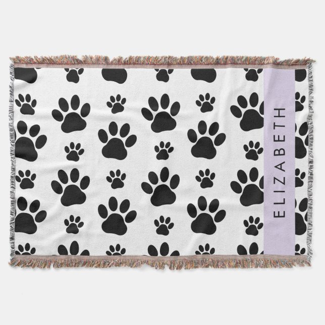 Paw Pattern, Dog Paws, Black and White, Your Name Throw Blanket (Front)