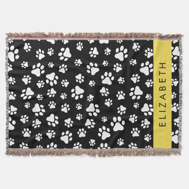 Paw Pattern, Dog Paws, Black and White, Your Name Throw Blanket (Front)