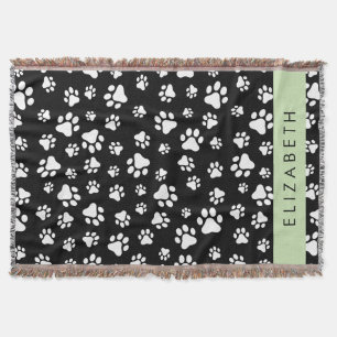 Paw Pattern, Dog Paws, Black and White, Your Name Throw Blanket