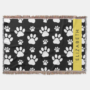 Paw Pattern, Dog Paws, Black and White, Your Name Throw Blanket