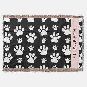 Paw Pattern, Dog Paws, Black and White, Your Name Throw Blanket