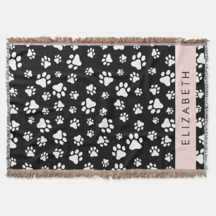 Paw Pattern, Dog Paws, Black and White, Your Name Throw Blanket