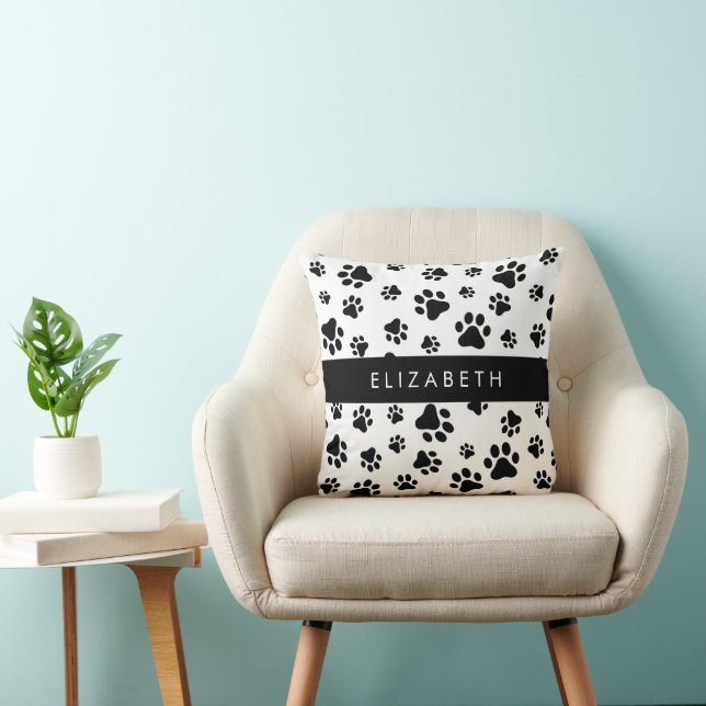 Paw Pattern, Dog Paws, Black and White, Your Name Throw Pillow (Chair)
