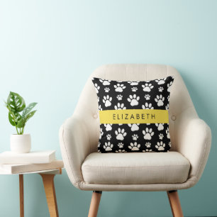 Paw Pattern, Dog Paws, Black and White, Your Name Throw Pillow