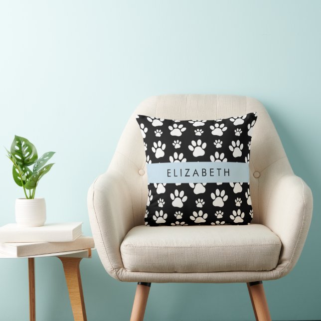 Paw Pattern, Dog Paws, Black and White, Your Name Throw Pillow (Chair)