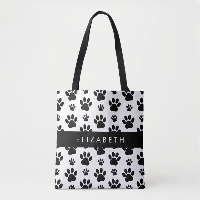 Paw Pattern, Dog Paws, Black and White, Your Name Tote Bag (Front)