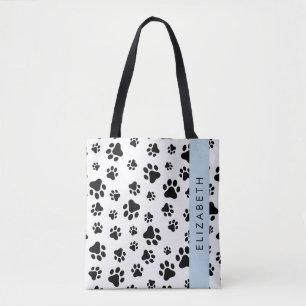 Paw Pattern, Dog Paws, Black and White, Your Name Tote Bag