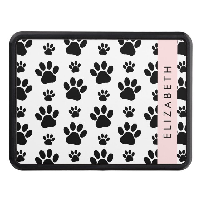 Paw Pattern, Dog Paws, Black and White, Your Name Trailer Hitch Cover (Front)