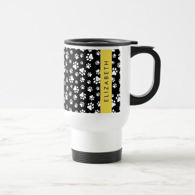 Paw Pattern, Dog Paws, Black and White, Your Name Travel Mug (Right)