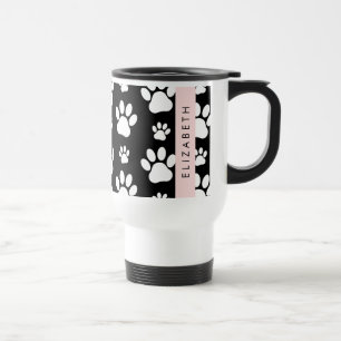 Paw Pattern, Dog Paws, Black and White, Your Name Travel Mug