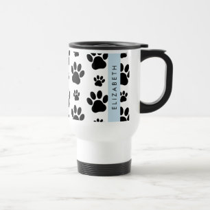 Paw Pattern, Dog Paws, Black and White, Your Name Travel Mug