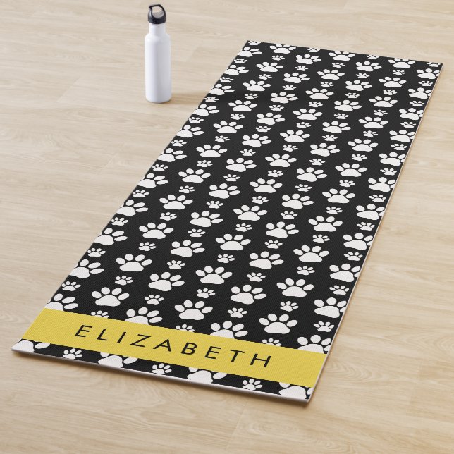 Paw Pattern, Dog Paws, Black and White, Your Name Yoga Mat (In Situ)