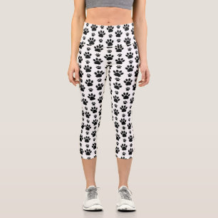 Paw Pattern, Dog Paws, Paw Prints, Black and White Capri Leggings