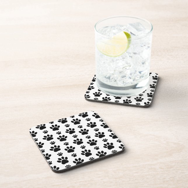 Paw Pattern, Dog Paws, Paw Prints, Black and White Coaster (Right Side)