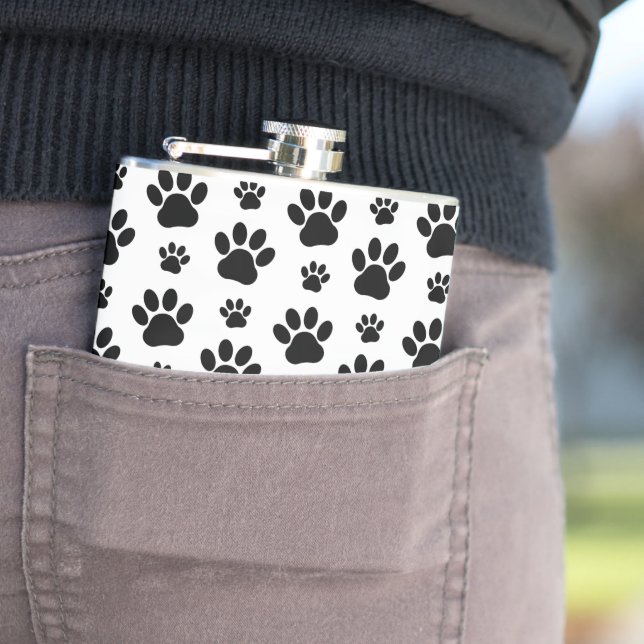 Paw Pattern, Dog Paws, Paw Prints, Black and White Hip Flask (In Situ)