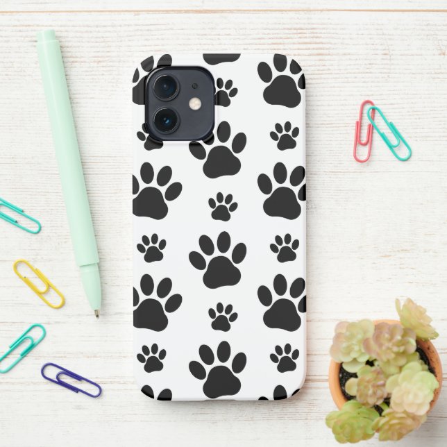 Paw Pattern, Dog Paws, Paw Prints, Black and White iPhone Case (On Desk)