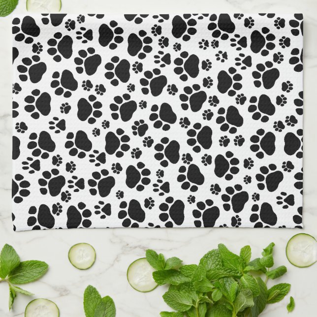 Paw Pattern, Dog Paws, Paw Prints, Black and White Kitchen Towel (Folded)