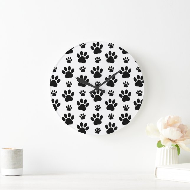 Paw Pattern, Dog Paws, Paw Prints, Black and White Large Clock (Home)