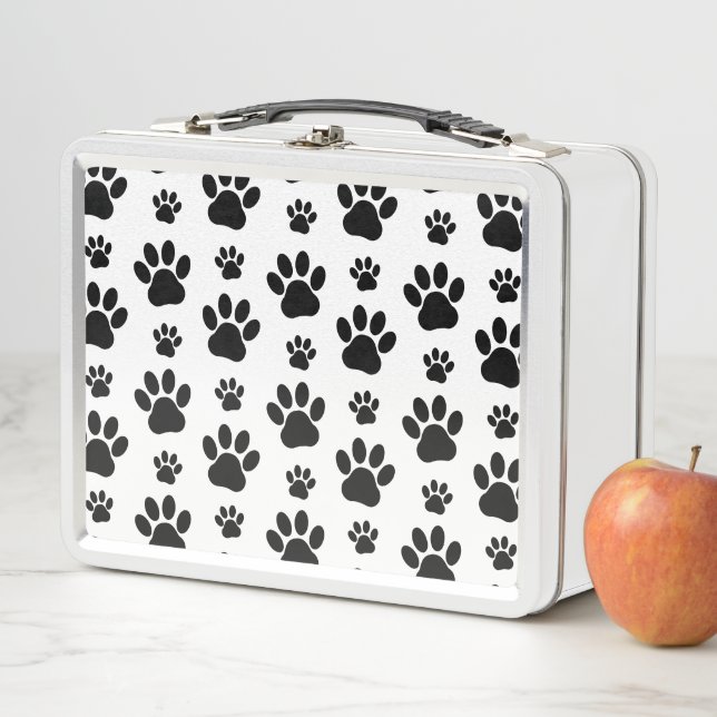 Paw Pattern, Dog Paws, Paw Prints, Black and White Metal Lunch Box (In Situ)